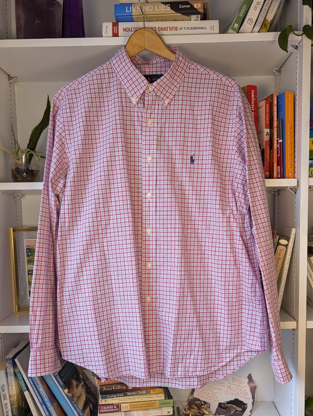 Ralph Lauren Men's Button Down Shirt Embroidered Logo Pink Check Size XL Preppy